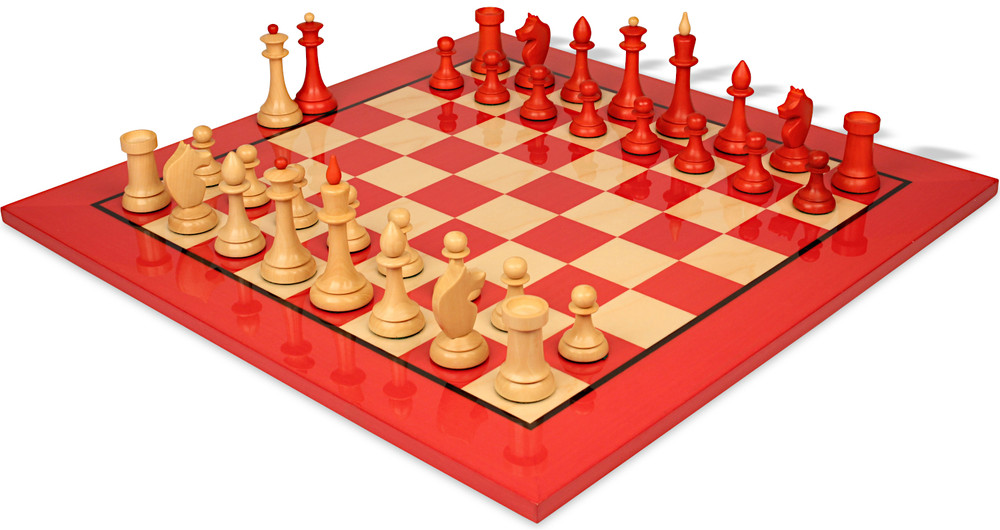 Chess Sets with Red & Maple High Gloss Board