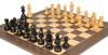 Ebonized boxwood black pieces paired with natural boxwood, sitting on tiger ebony deluxe chess board