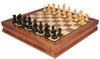 Fierce Knight Staunton Chess Set in Ebony Boxwood & Boxwood with Walnut Chess Case - 3.5" King