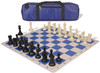 Conqueror Large Carry-All Plastic Chess Set Black & Ivory Pieces with Blue Lightweight Floppy Board & Bag