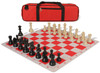 German Knight Large Carry-All Plastic Chess Set Black & Ivory Pieces with Red Lightweight Floppy Board & Bag