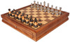 Decorative Staunton Silver & Black Anodized Chess Set with Deluxe Two-Drawer Walnut Case - 3.5" King