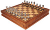 Decorative Staunton Silver & Black Anodized Chess Set with Deluxe Two-Drawer Walnut Case - 3.5" King