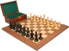 British Staunton Chess Set Ebonized & Boxwood Pieces with Walnut & Maple Deluxe Board  & Box - 3.5" King