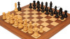 Hand-polished ebonized and boxwood pieces of German Knight Staunton Chess Set on Walnut & Maple Deluxe Board.

