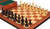 British Staunton Chess Set Ebonized & Boxwood Pieces with Mahogany & Maple Molded Edge Board & Box - 4" King