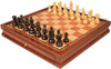 French Lardy Staunton Chess Set Ebonized & Boxwood Pieces with Elm Burl & Bird's-Eye Maple Chess Case - 3.25" King