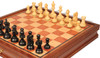 Deluxe Old Club Staunton Chess Set Ebonized & Boxwood Pieces with Elm Burl & Bird's-Eye Maple Chess Case - 3.25" King