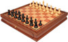 British Staunton Chess Set Ebonized & Boxwood Pieces with Elm Burl & Bird's-Eye Maple Chess Case - 3.5" King