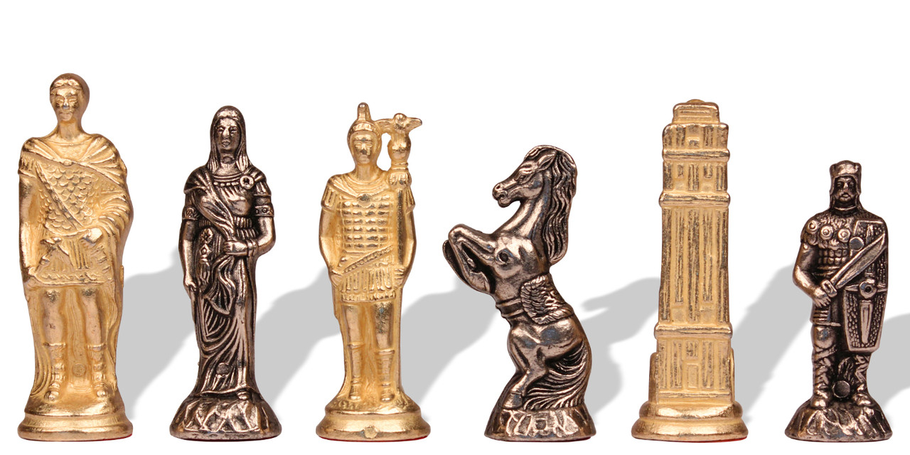 Brass Romans Vs Barbarians Chessmen & Leatherette Cabinet Chess Set Green (Metal Pieces) - Fancy Chess