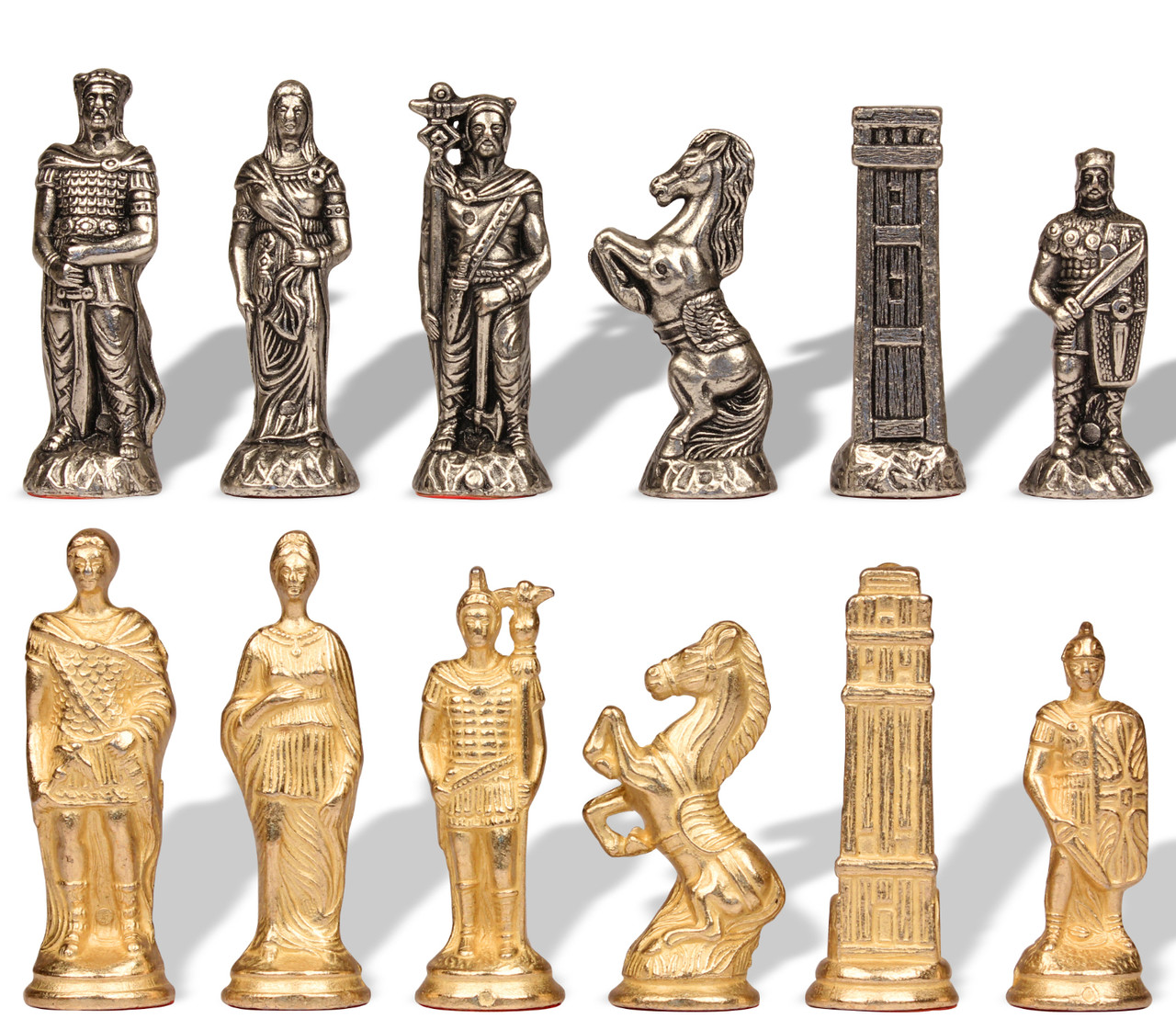 Brass Romans Vs Barbarians Chessmen & Leatherette Cabinet Chess Set Green (Metal Pieces) - Fancy Chess