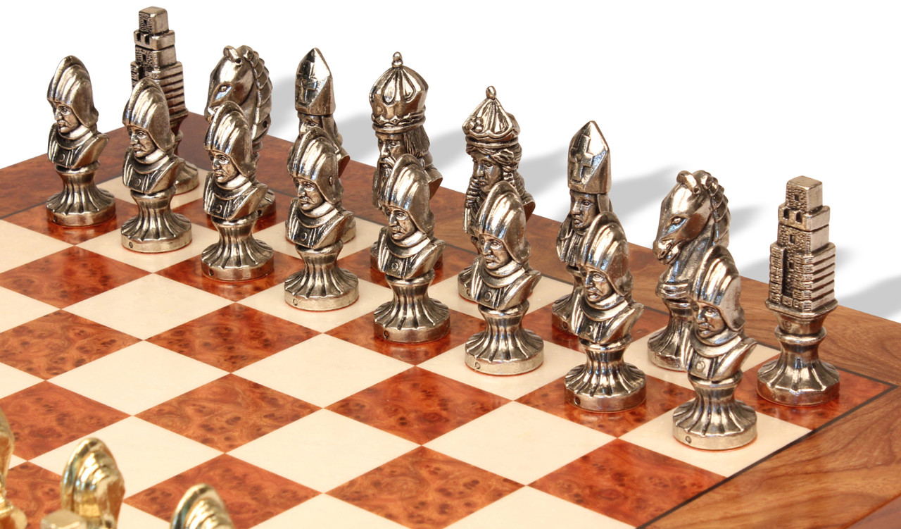 Medieval Theme Metal Chess Set with Blue Ash Burl Chess Board