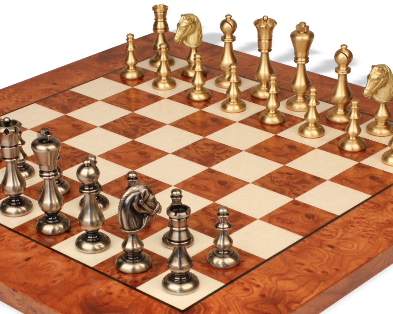 Brass/Wood Staunton Chess Set on Patterned Italian Leatherette Board