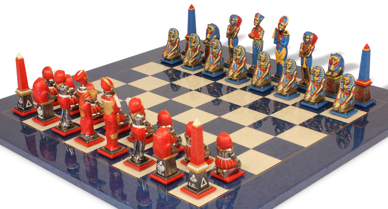 Large Egyptian Theme Hand Painted Metal Chess Set with Blue Ash