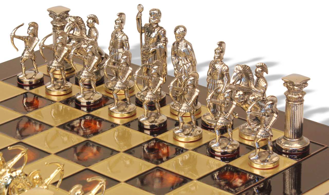 Large Poseidon Theme Chess Set Brass & Nickel Pieces with Red Board on Case  - The Chess Store