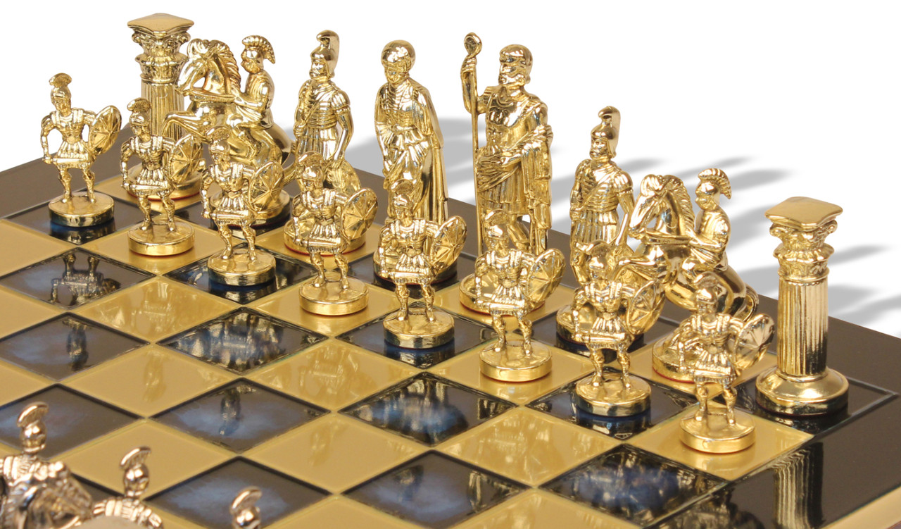 Romans Theme Chess Set with Brass & Nickel Pieces - Blue Board