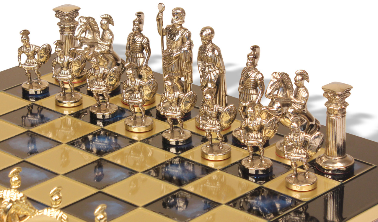 Romans Theme Chess Set with Brass & Nickel Pieces - Blue Board