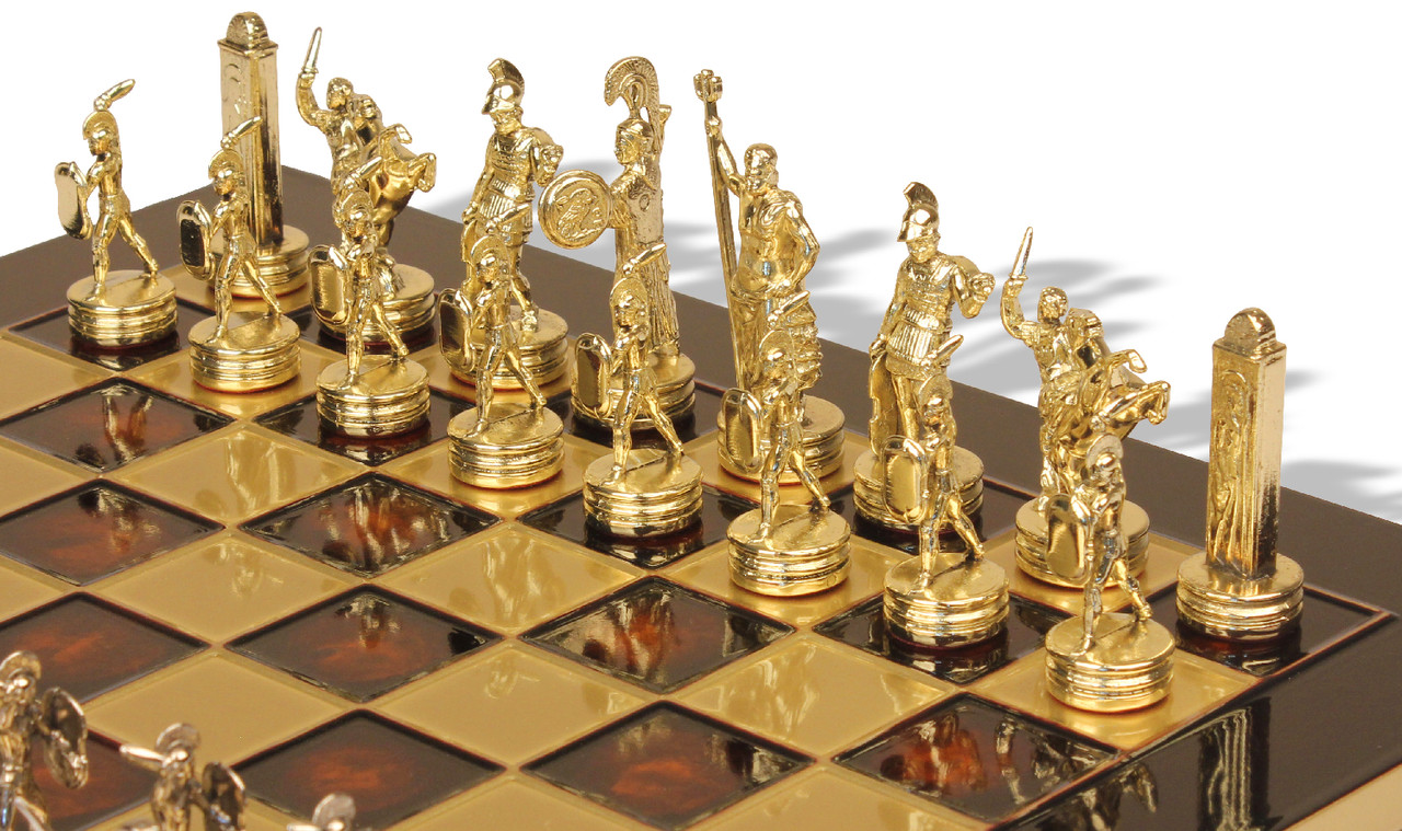 Large Poseidon Theme Chess Set Brass & Nickel Pieces with Blue