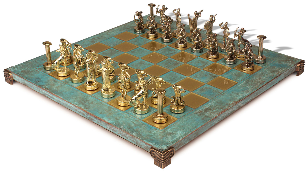 Cycladic Art Large Chess Set Bronze Material Blue Chess Board