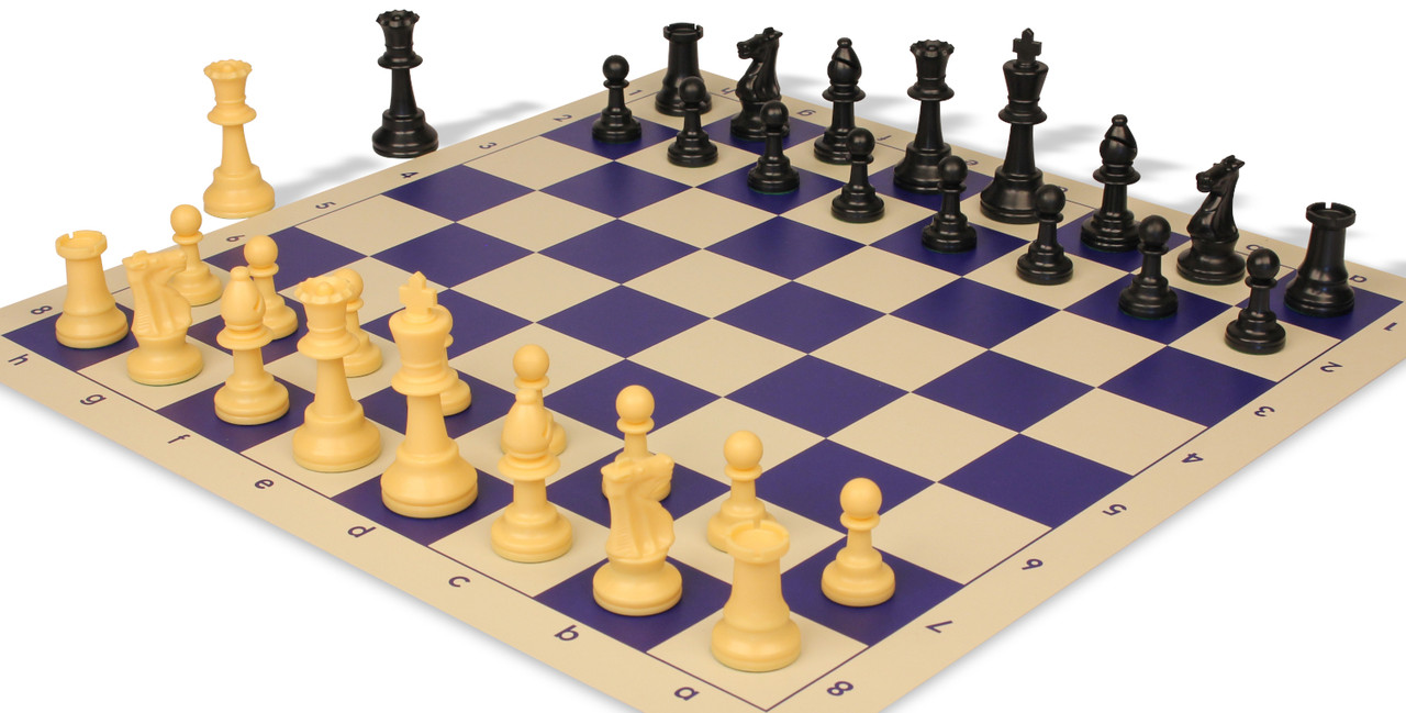 Standard Club Plastic Chess Set Black & Camel Pieces with Vinyl Rollup Board  - Blue - The Chess Store