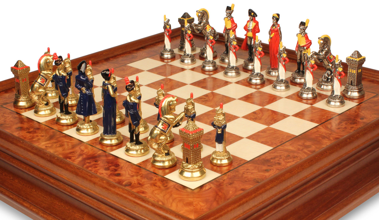 Large Napoleon Theme Hand Painted Metal Chess Set with Elm Burl