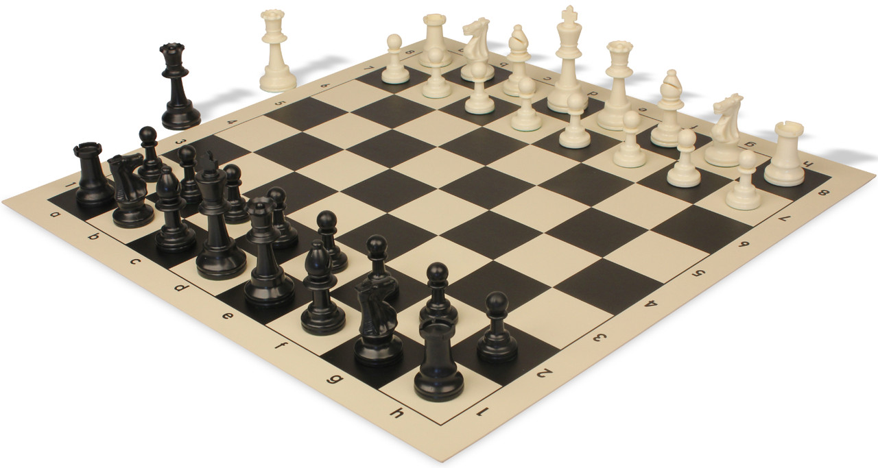 Standard Club Weighted Plastic Chess Set Black  Ivory Pieces with Black  Roll-up Chess Board