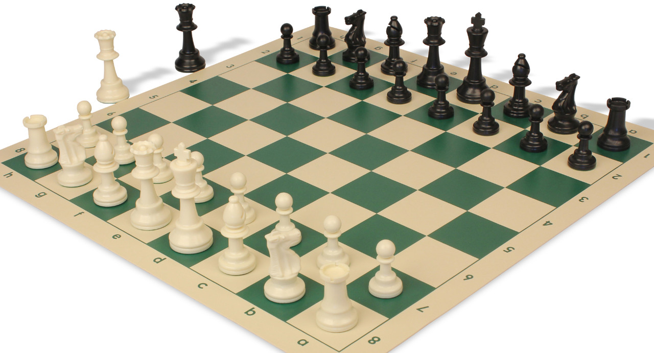 Tournament Chess Set - Extra Large & Heavy 4 Luxury Chess Pieces (  Ivory/Black) with Green/White Roll-up Chess Board