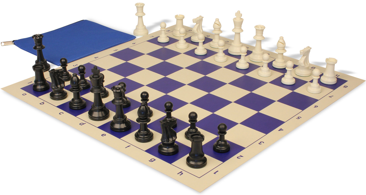 Standard Club Classroom Weighted Plastic Chess Set Black & Ivory Pieces  with Blue Roll-up Chess Board & Bag