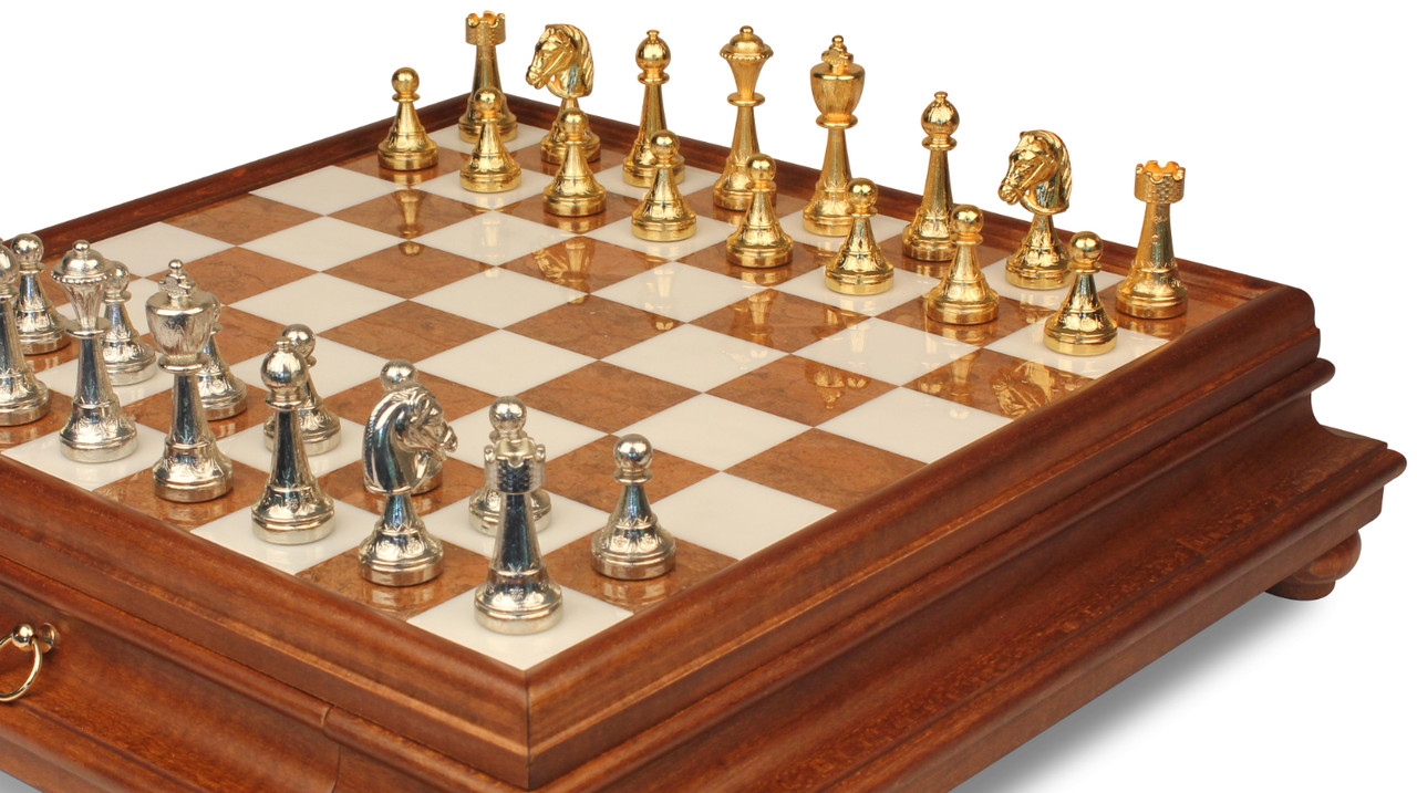 Italian Arabesque Staunton Gold & Sliver Chess Set & Elm Burl Chess Board  Package