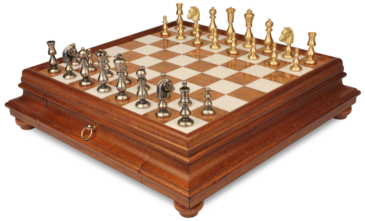 Large Contemporary Staunton Solid Brass & Wood Chess Set with Blue Ash Burl  Board - The Chess Store