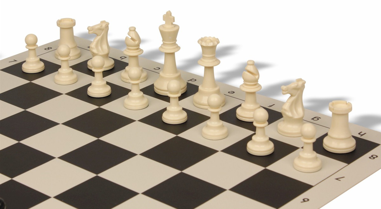 Analysis-Size Plastic Chess Set Black & Ivory Pieces with Black Roll-up Chess  Board