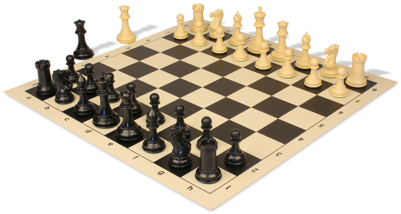 Conqueror Plastic Chess Set Black & Camel Pieces with Black Roll