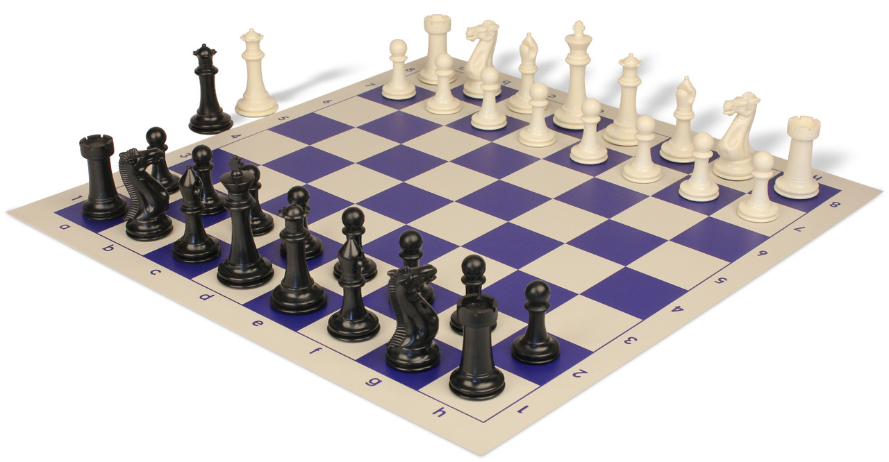 Executive Plastic Chess Set Black & Ivory Pieces with Vinyl Roll-up Board -  Blue - The Chess Store