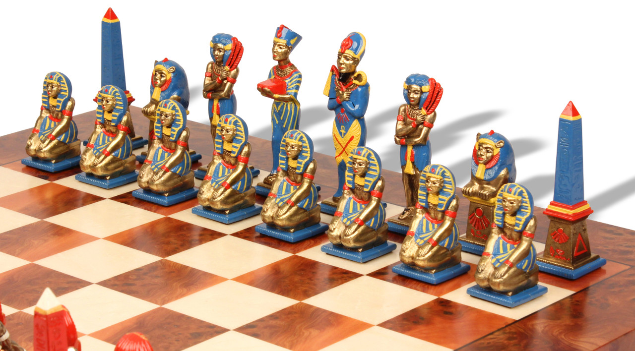 Large Egyptian Theme Hand Pained Metal Chess Set with Elm Burl Chess ...
