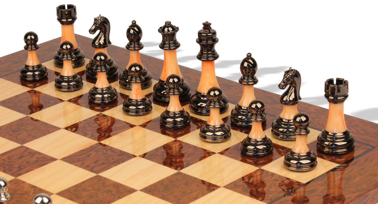 Decorative Staunton Silver & Black Anodized Chess Set with Brown Ash Burl  Board - 3.5 King - The Chess Store