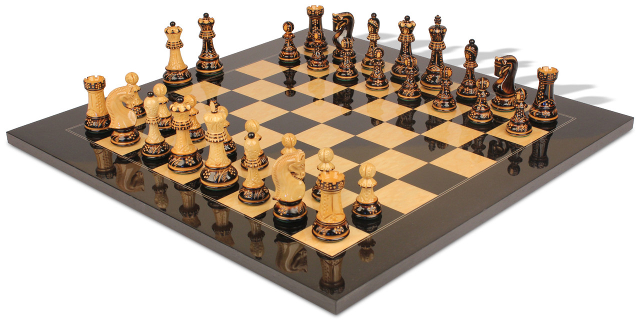 Bone Chess Set- Black and Coral- Bone Chess Board with Pieces- 20