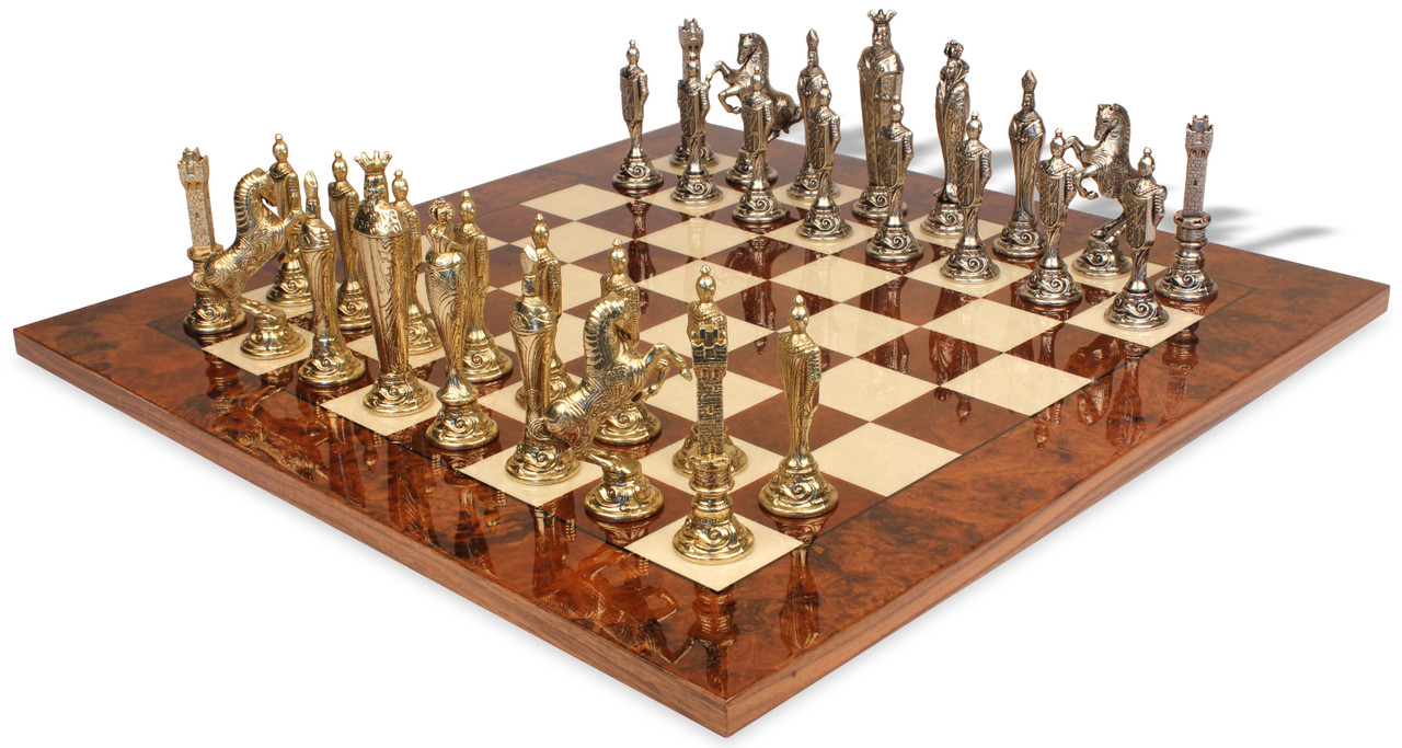 Renaissance Theme Metal Chess Set with Walnut Burl Chess Board