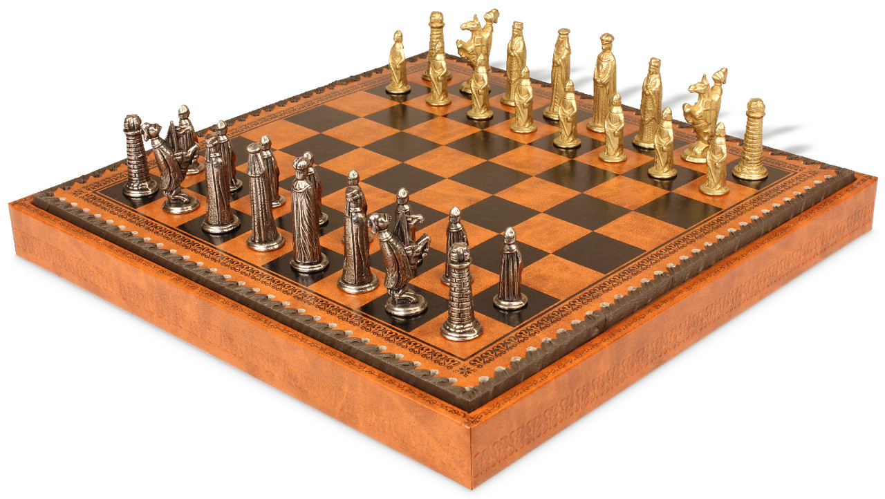 Medieval style chess pieces with a castle