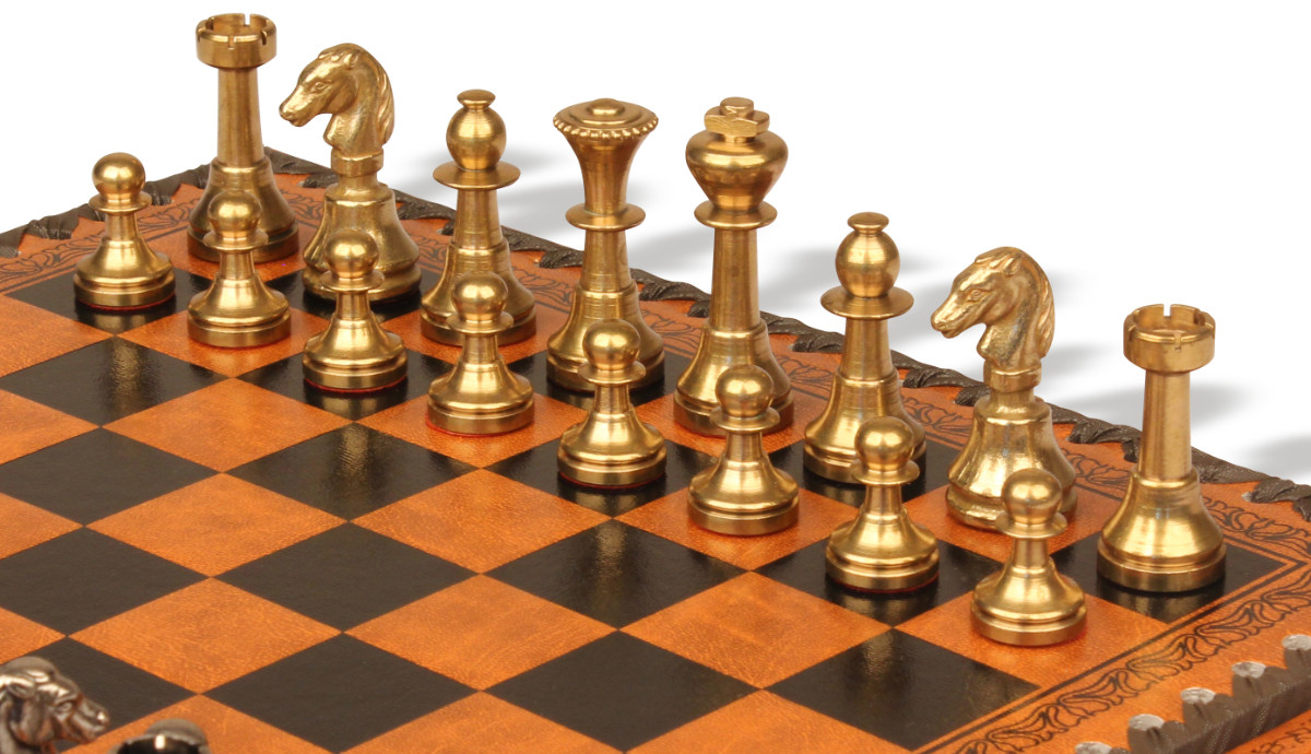 Small Staunton Solid Brass Chess Set with Leatherette Board & Tray