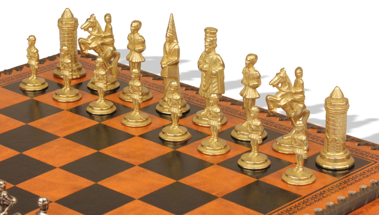 Small Camelot Theme Metal Chess Set with Leatherette Chess Board 