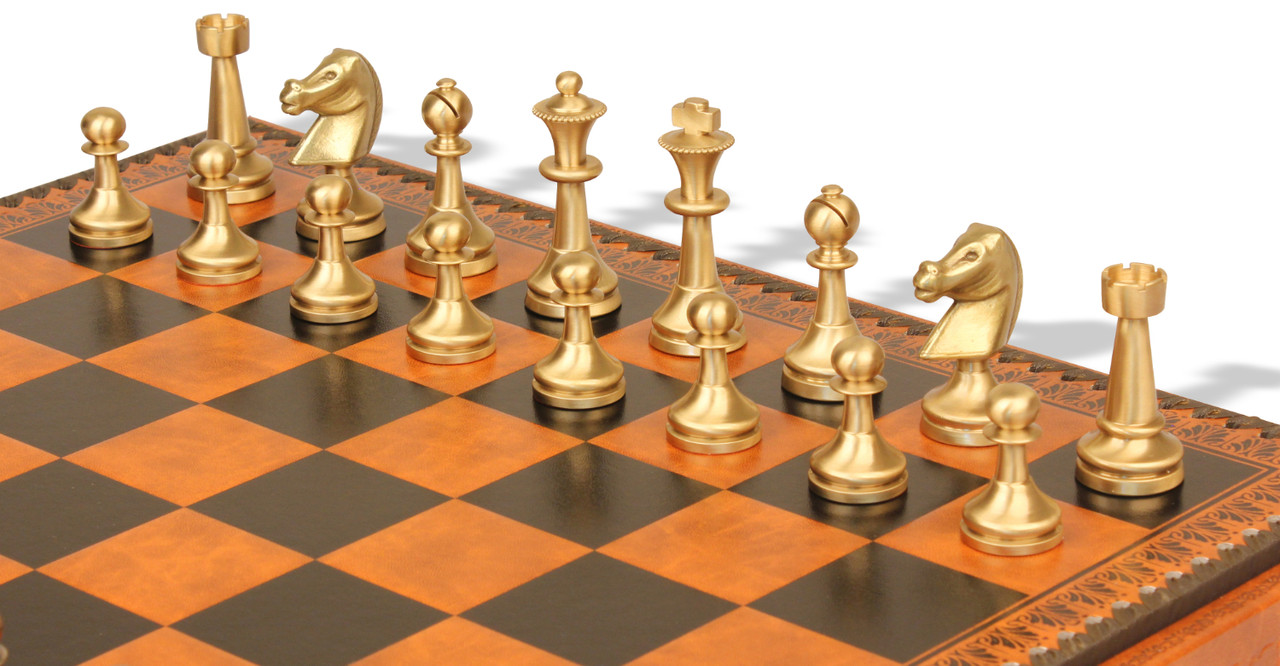 Traditional Staunton Solid Brass Chess Set with Faux Leather Chess