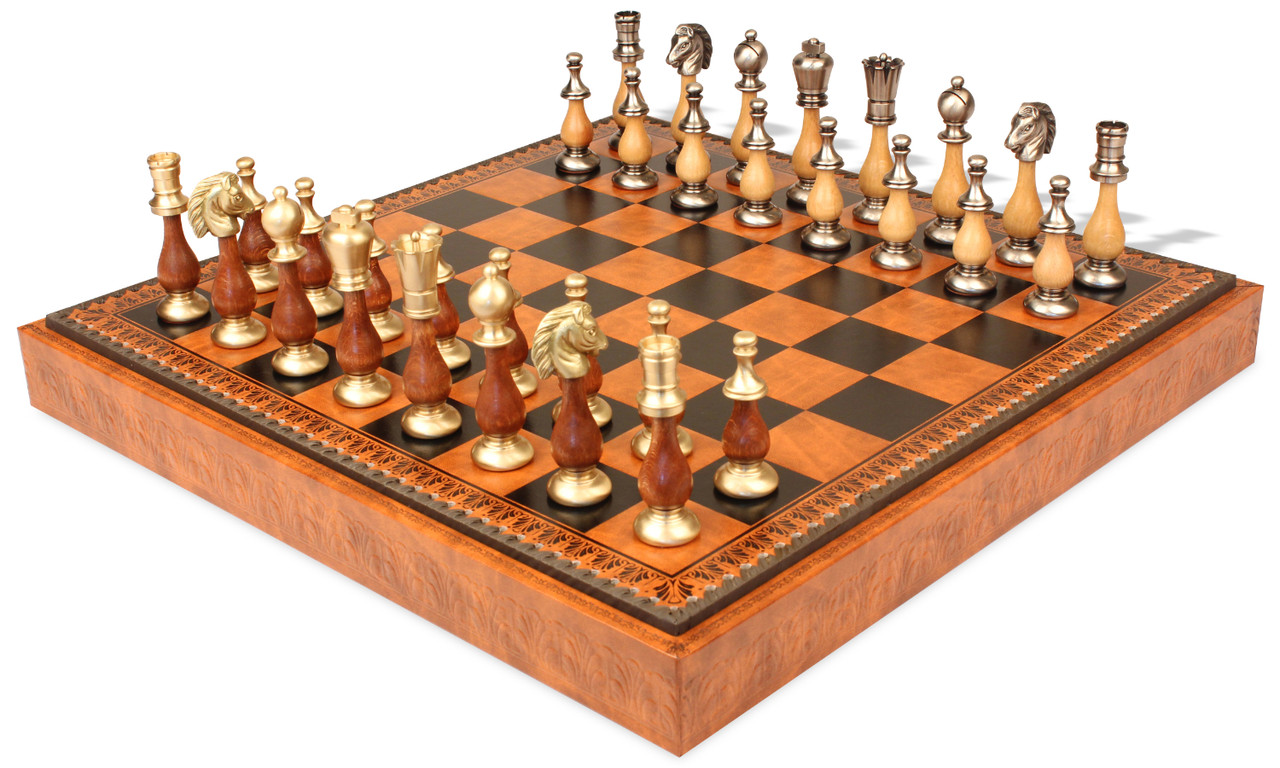 Luxury brown leather and marble chess set board with roman