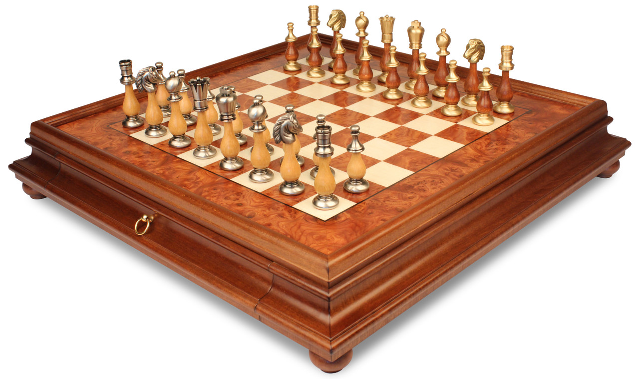 Large Contemporary Staunton Solid Brass & Wood Chess Set with Faux