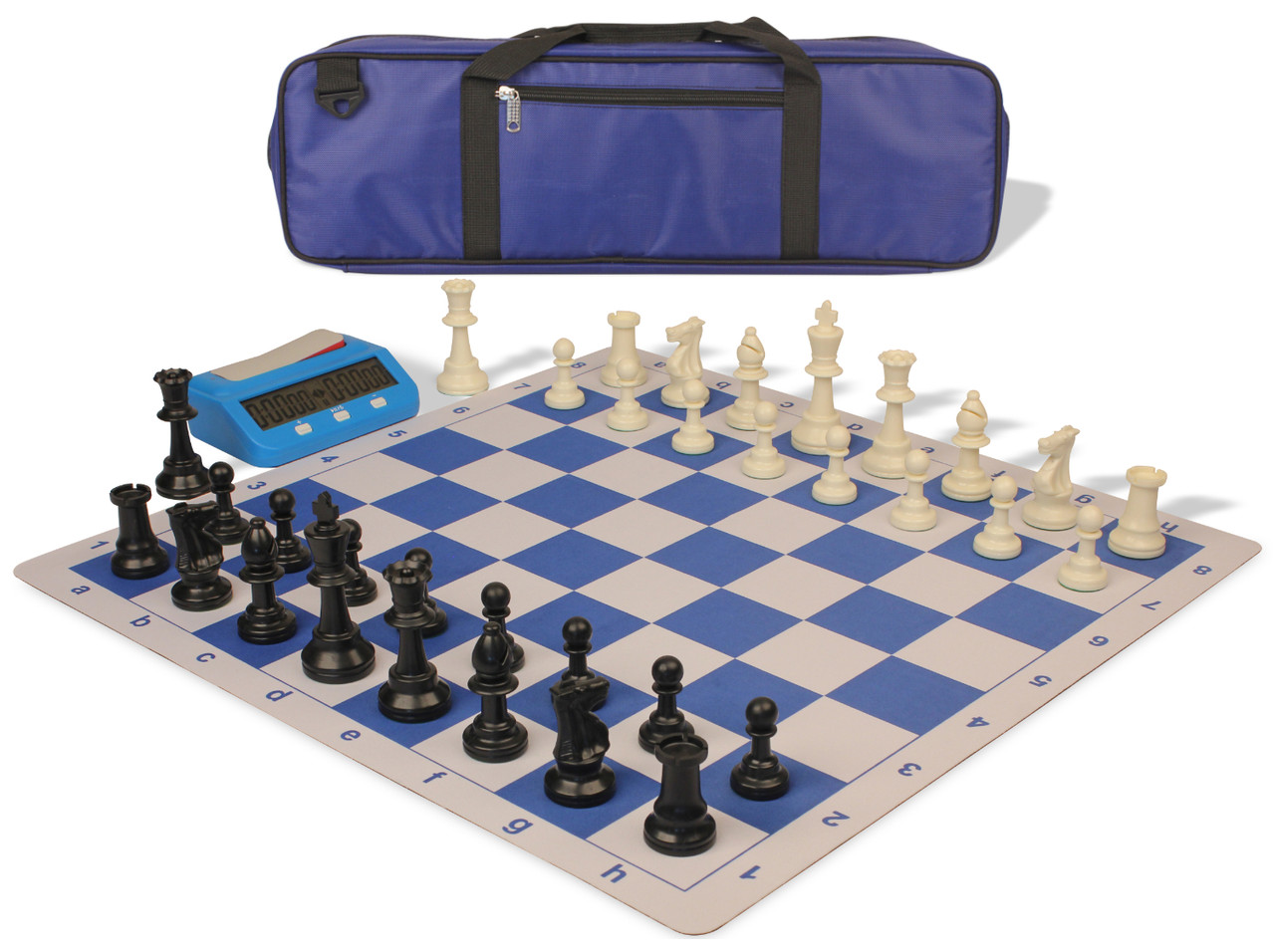 Executive Plastic Chess Set Black & Ivory Pieces with Vinyl Roll-up Board -  Blue - The Chess Store