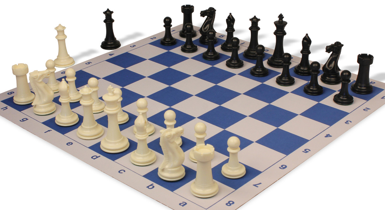 Analysis Chess Set - 12” Blue Vinyl Chess Board – 32 Black & Natural Pieces