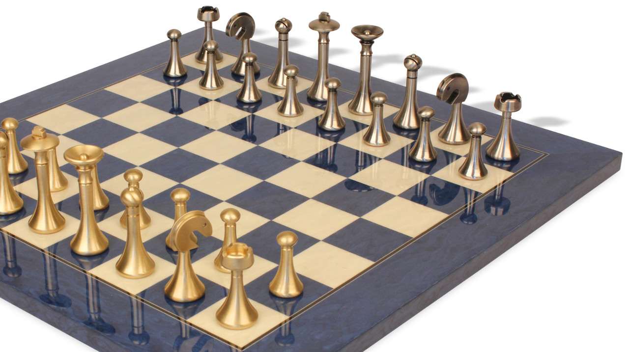 Modern Solid Brass Chess Set with Blue Ash Burl & Erable High Gloss Chess  Board