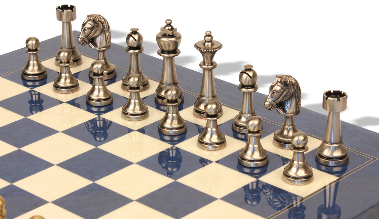 Classic Persian Staunton Solid Brass Chess Set with Blue Ash Burl & Erable  High Gloss Chess Board