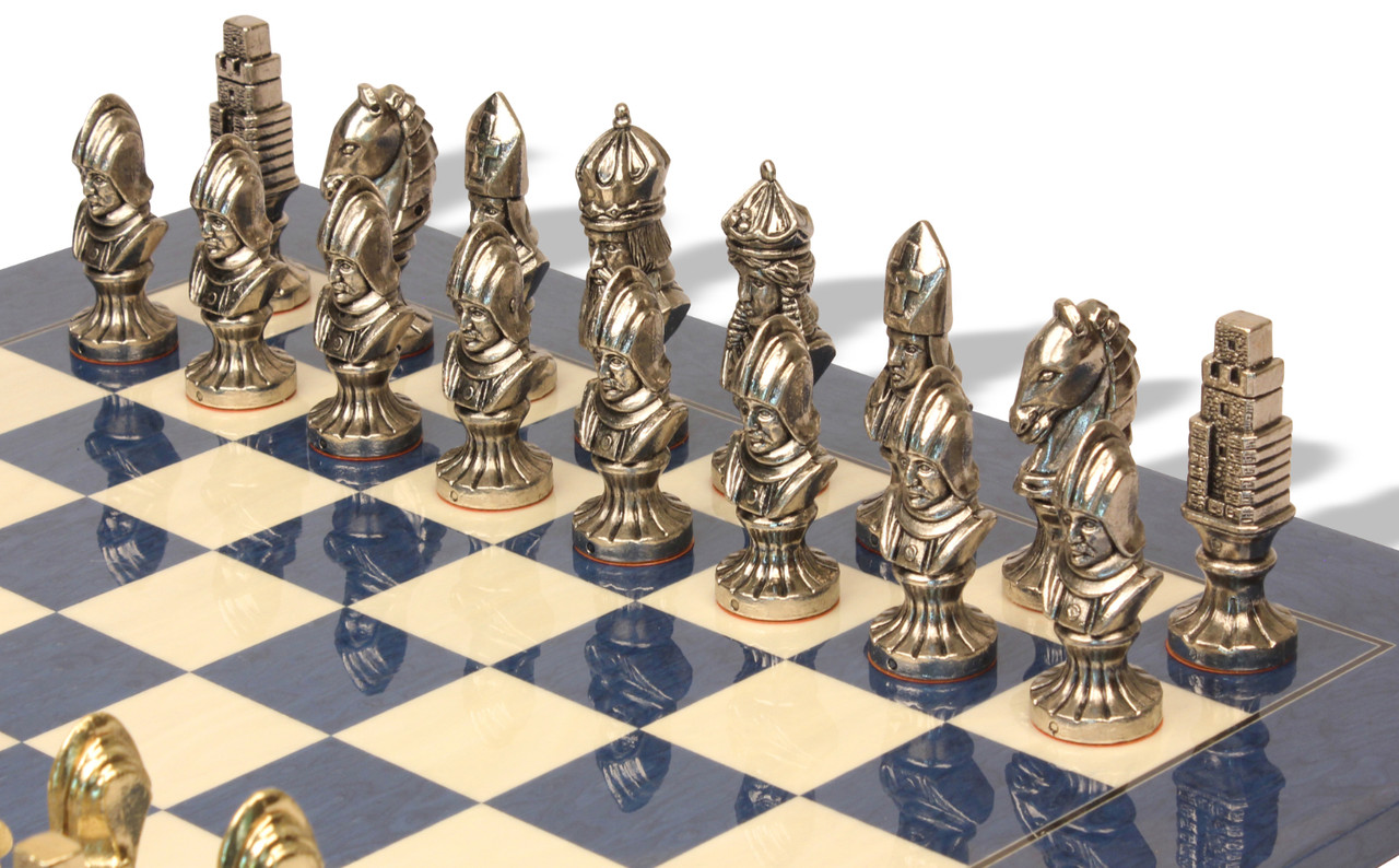 Medieval Theme Metal Chess Set with Blue Ash Burl Chess Board