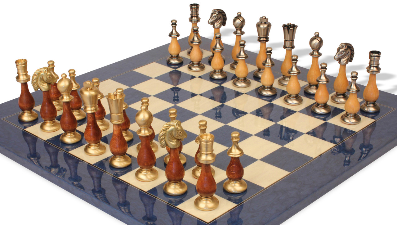 Large Contemporary Staunton Solid Brass & Wood Chess Set with Blue Ash Burl  Board - The Chess Store