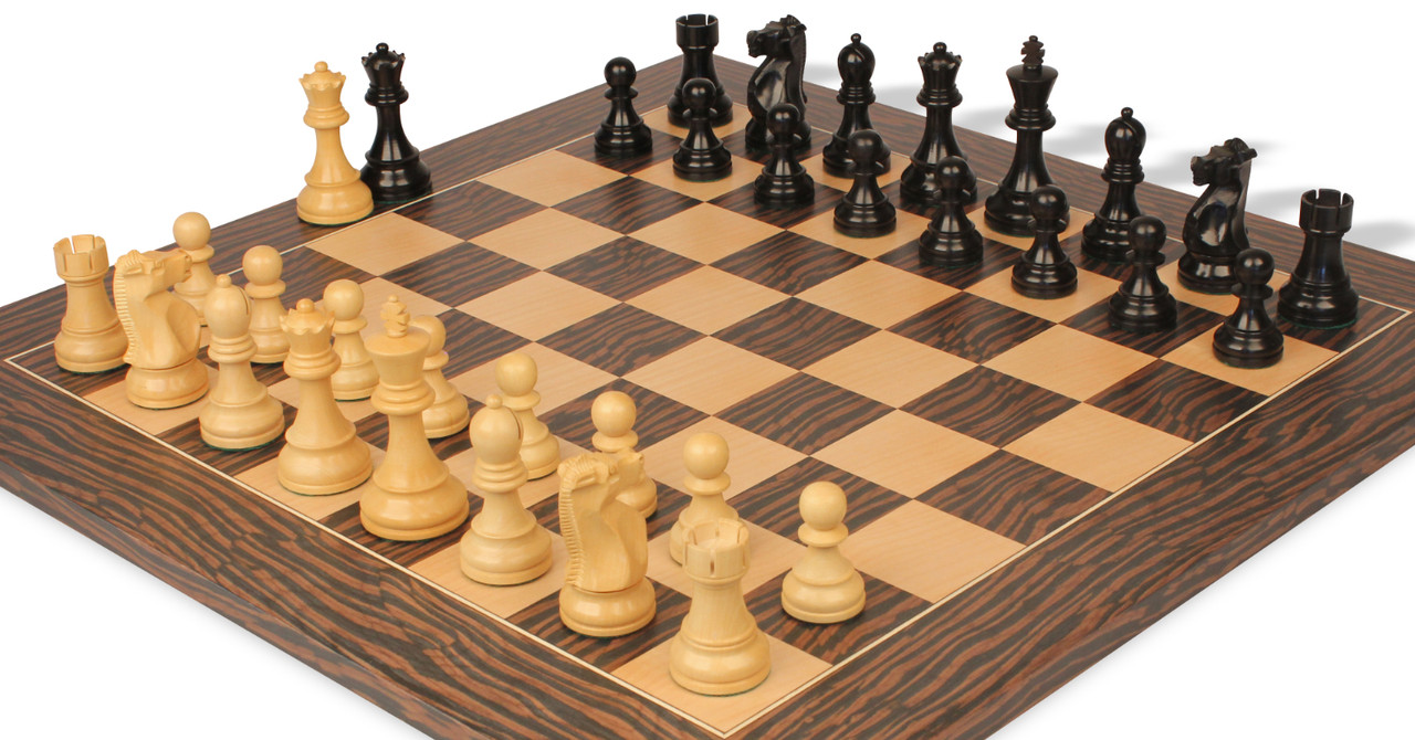 Fischer-Spassky Commemorative Chess Set Ebony & Boxwood Pieces with Deluxe  Tiger Ebony Board & Box - 3.75 King - The Chess Store